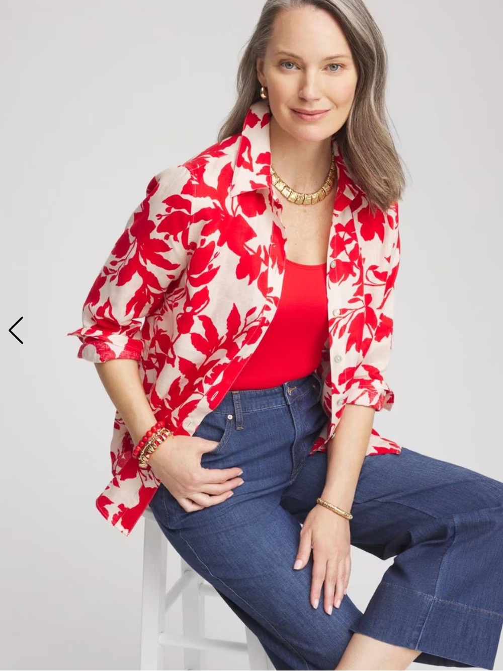 Chico's Red and White Floral Linen Button-Up Blouse new with tags